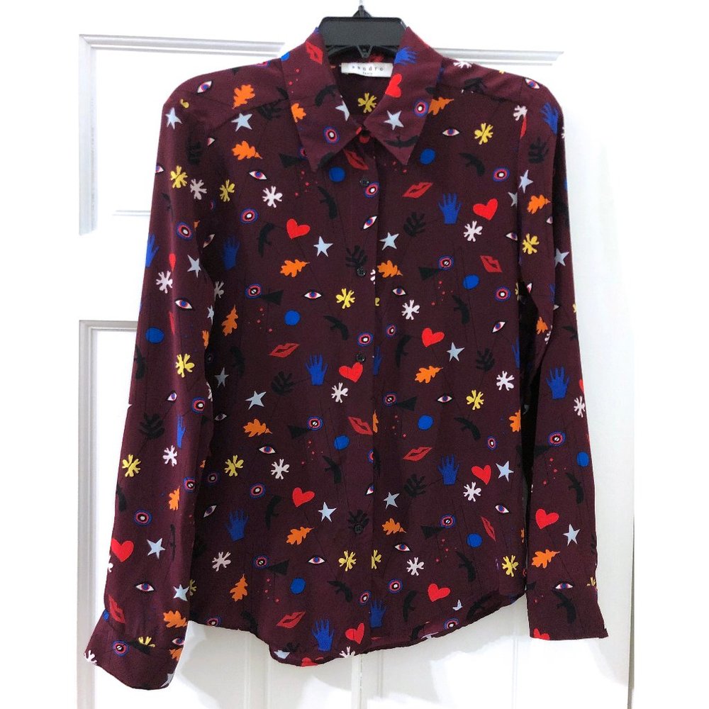 Sandro Silk Shirt Fun Graphic Print Red 2 S Small